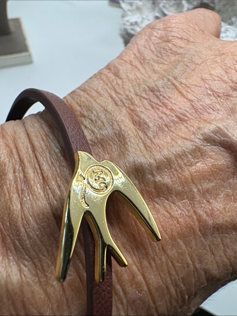 Alexander McQueen Gold Swallow Charm Burgundy Wrap Bracelet - Picture 3 of 5